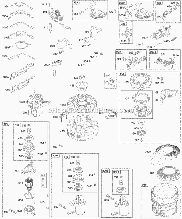 Alternator Electric Starter Electrical Flywheel Flywheel Brake Ignition Rewind Starter Diagram and Parts List for  Briggs and Stratton Engine